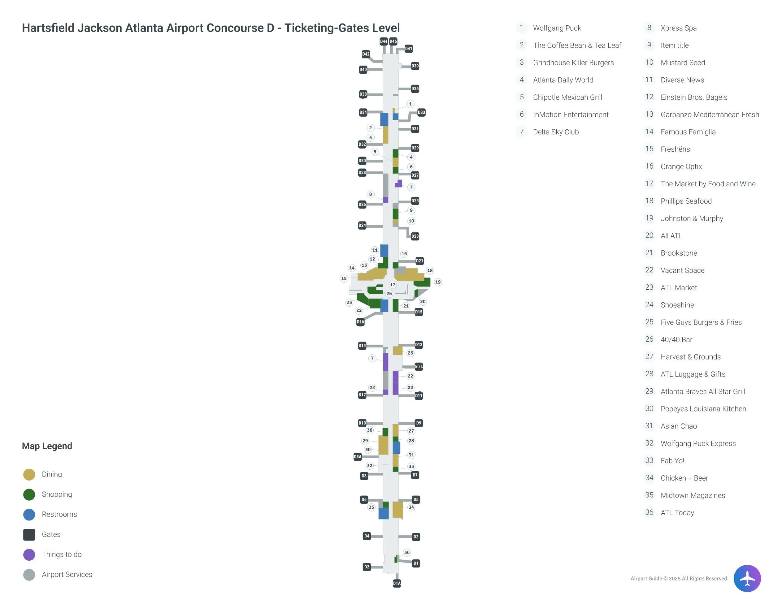 ATL Concourse D Ticketing-Gates Level map