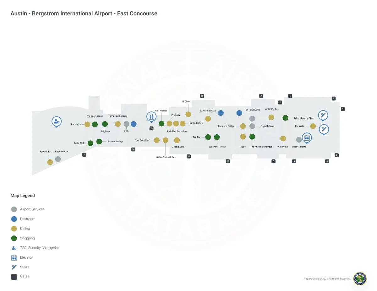 AUS East Concourse / Gates Level Map