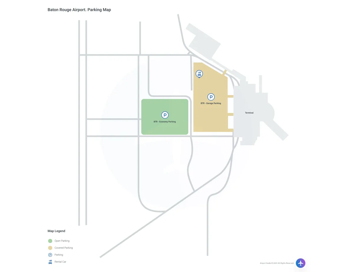 Baton Rouge Metropolitan Airport-Ryan Field (BTR) Parking Map