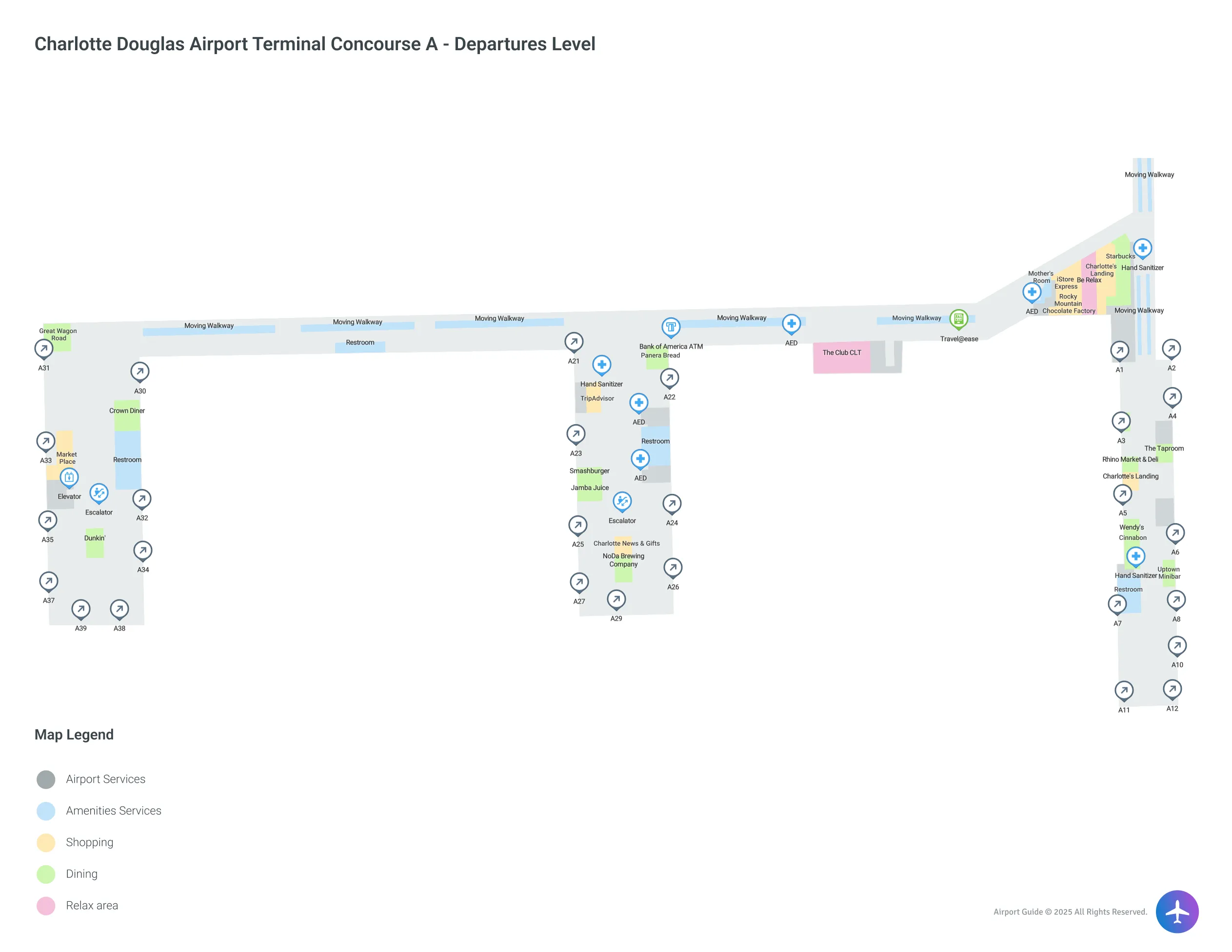 CLT Concourse A Departures Level map