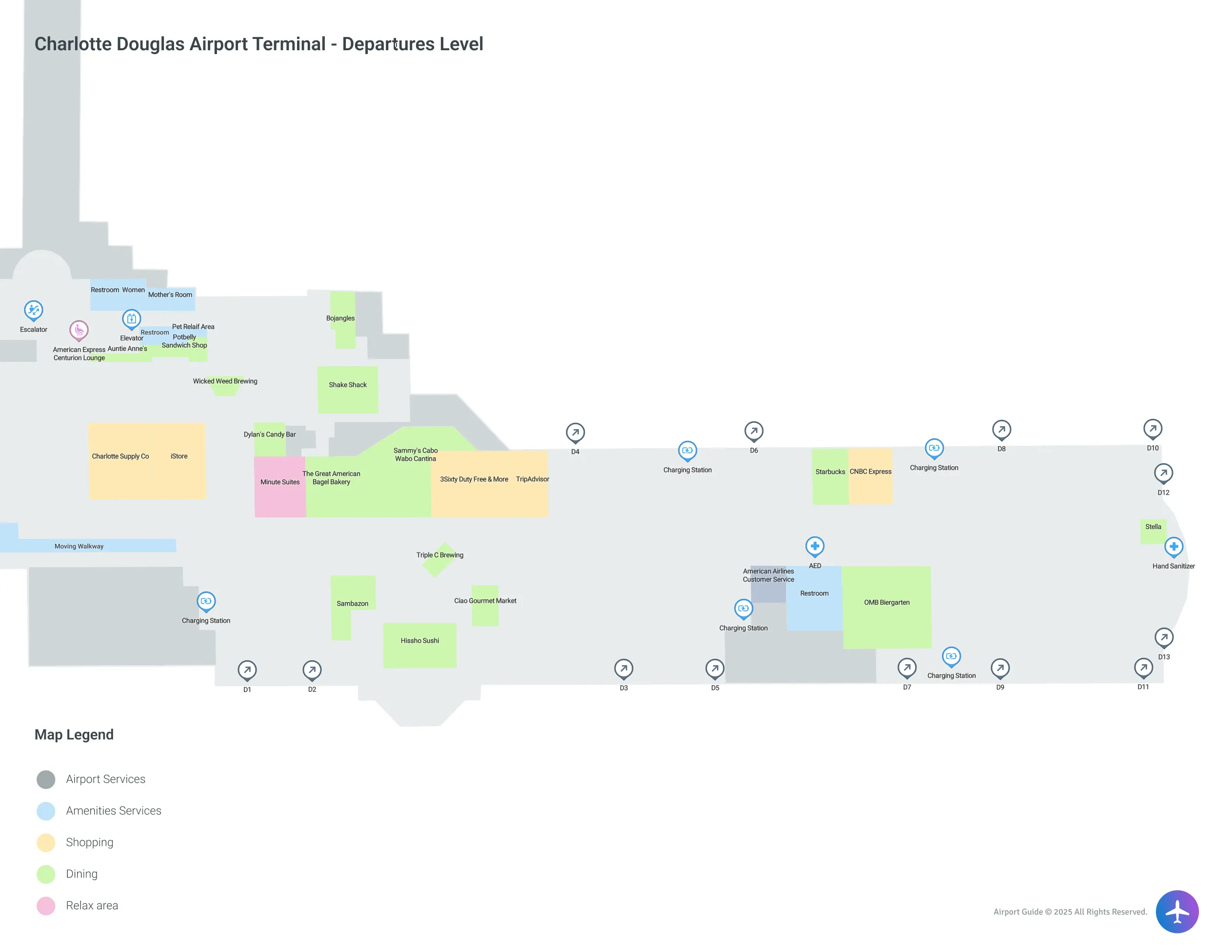 CLT Concourse D Departures Level map