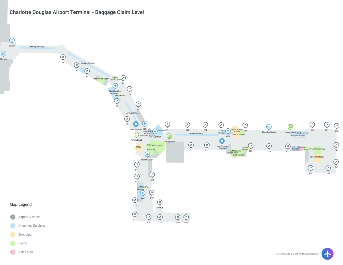 Charlotte Douglas Airport CLT | Concourse E/Baggage Claim Level Map