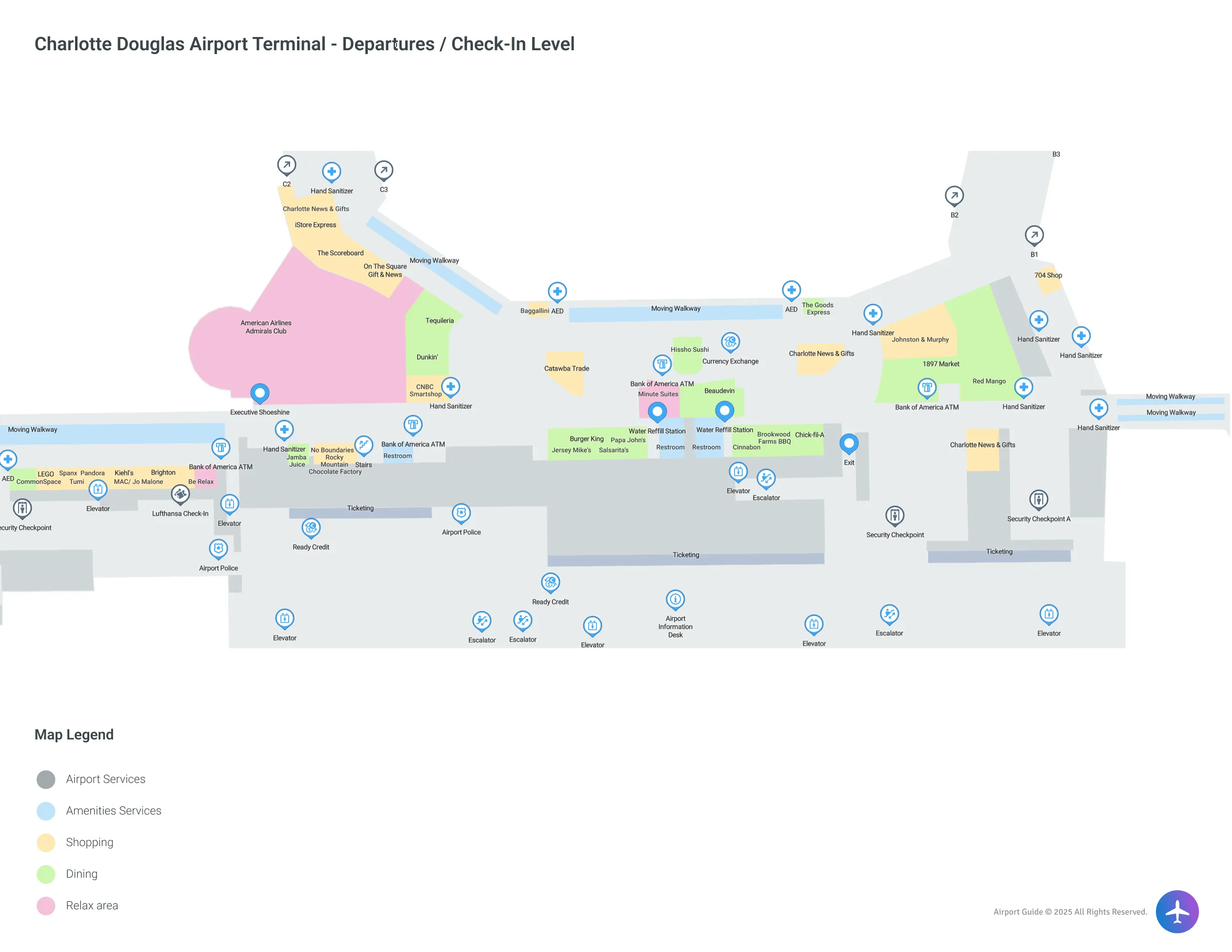 CLT Terminal Departures / Check-In Level map