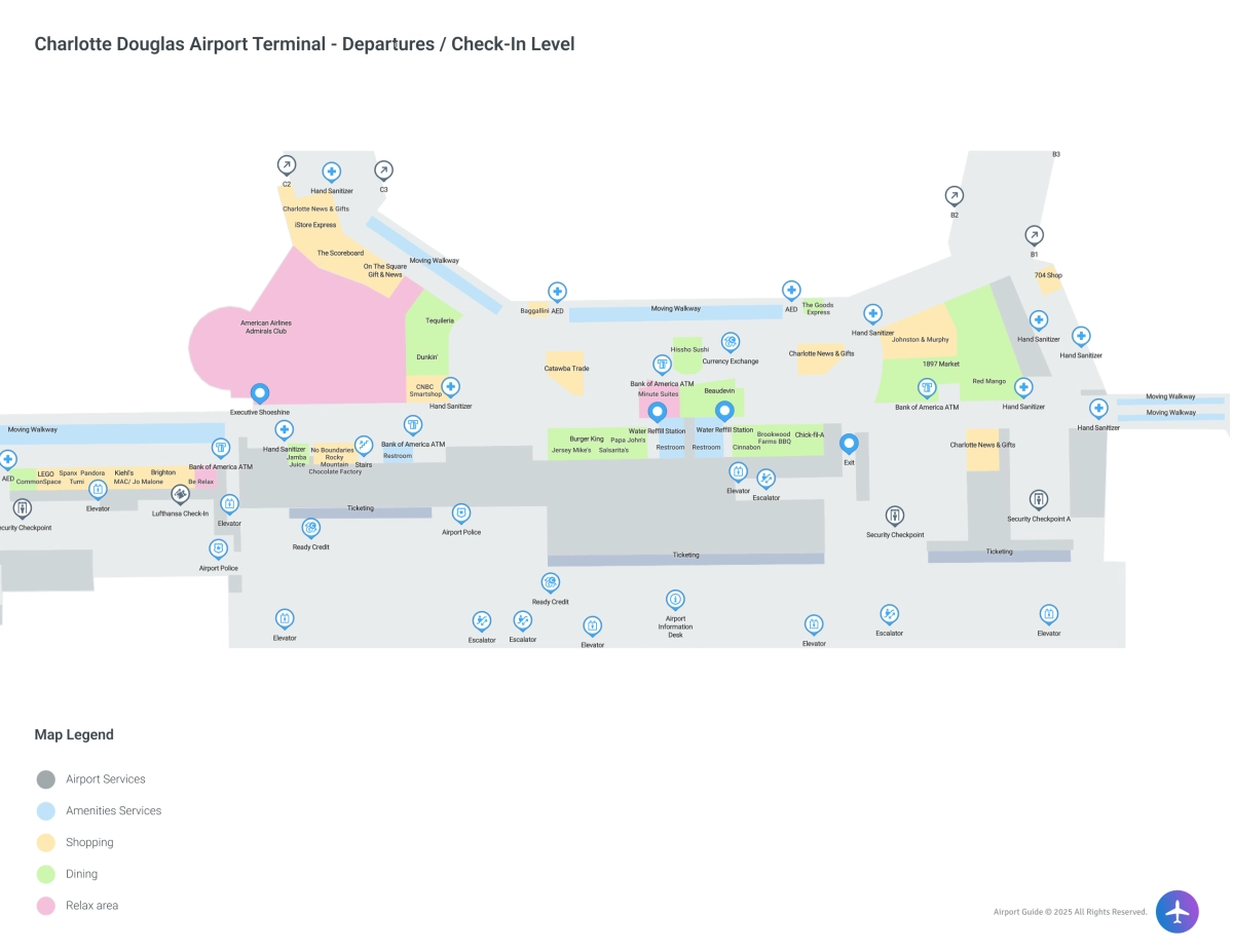 CLT Terminal Departures Check-In Level map