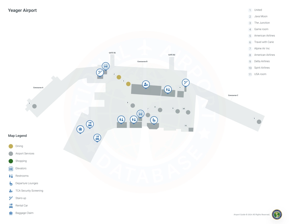 Yeager Airport CRW | Terminal 1/Level 1 Map