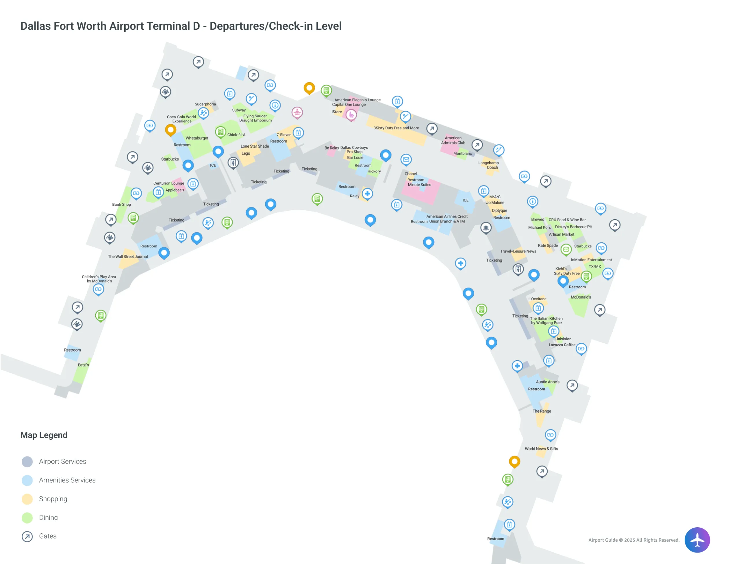 DFW Terminal D Departures / Check-In Level map