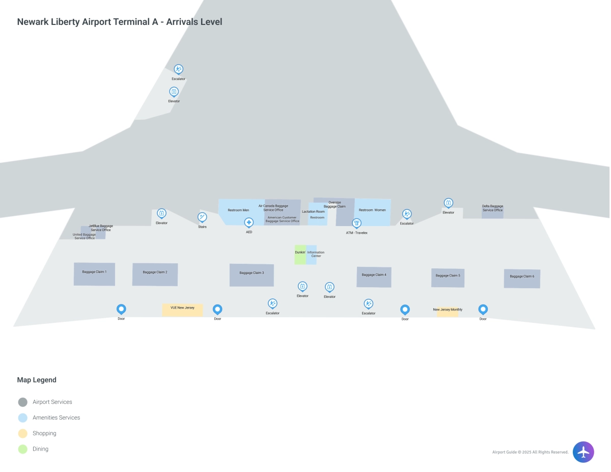 Newark Liberty Airport EWR | Terminal A/Arrivals Level Map