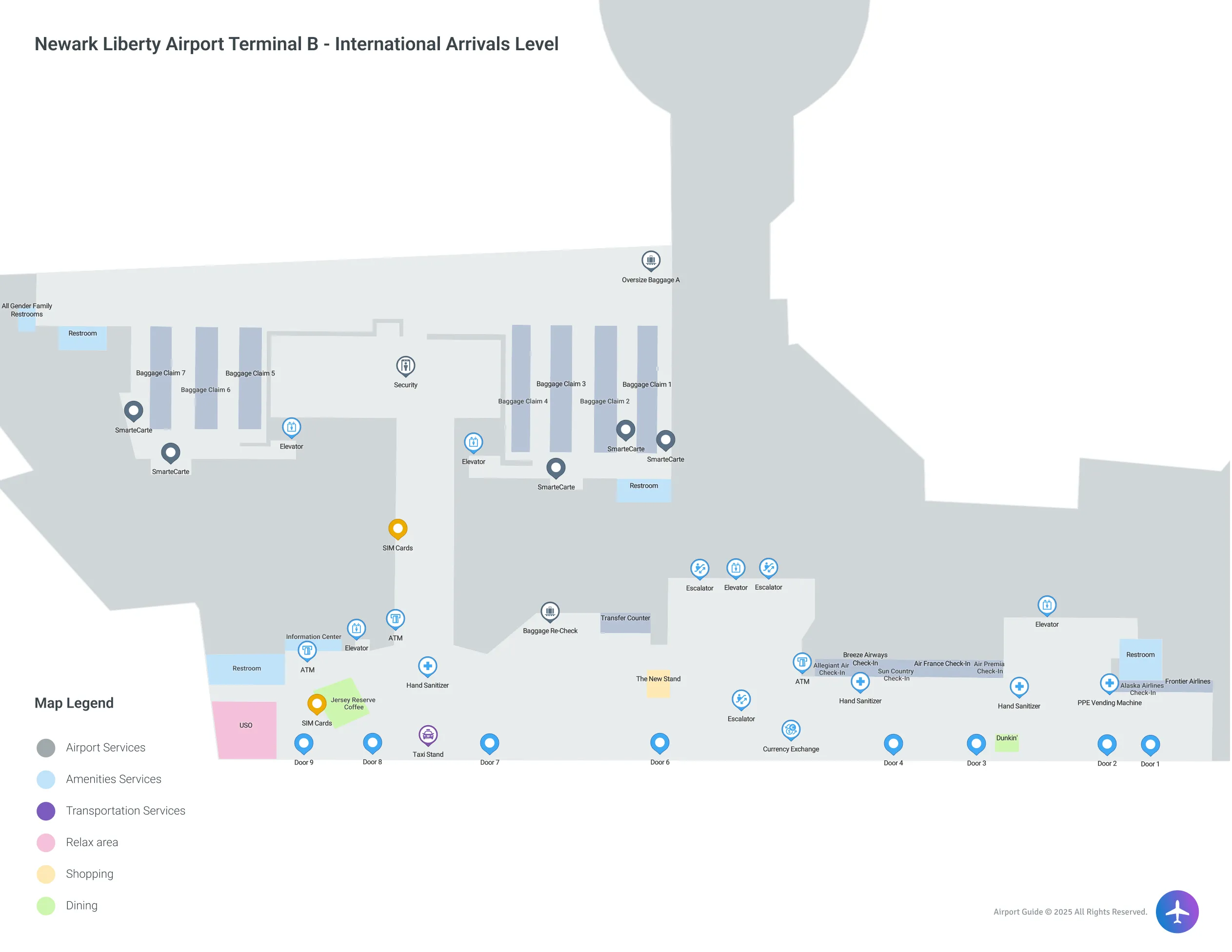 EWR Terminal B International Arrivals / Check- in Level map