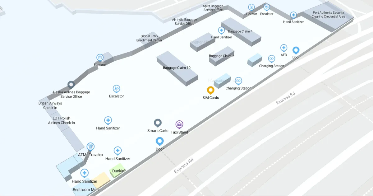 EWR Terminal B Domestic Baggage Claim / Check-In Level Interactive map