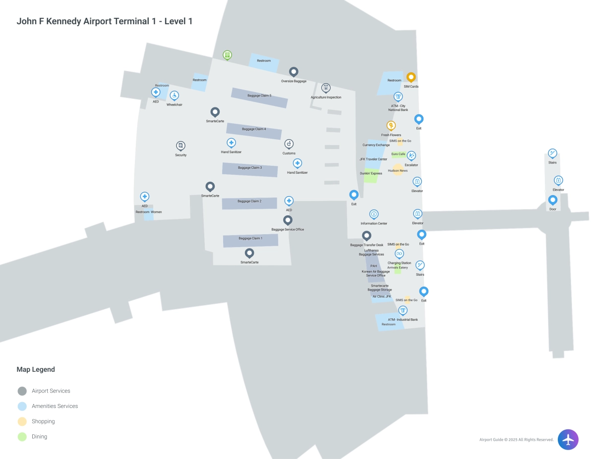 John F Kennedy Airport JFK | Terminal 1/Level 1 Map