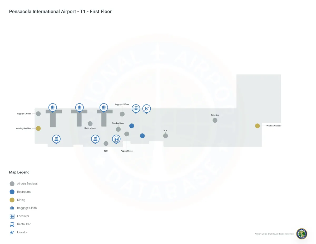 Pensacola Airport PNS | Terminal 1/First Floor Level - T1 Map